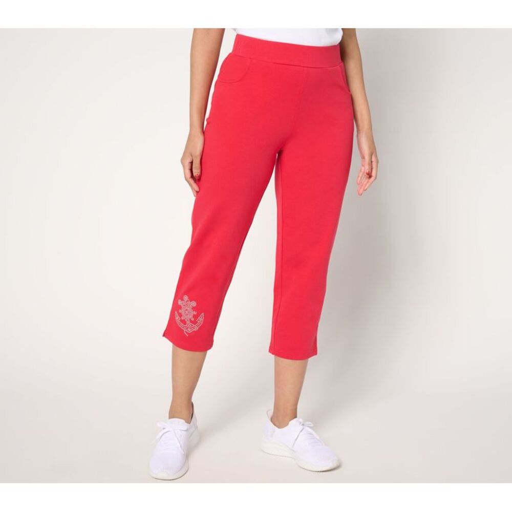 Quacker Factory Women's Pants Sz L Anchors Away French Terry 23" Red A681271